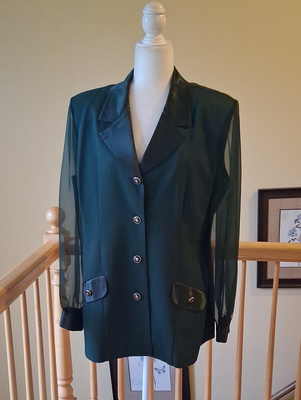 Forest Green Women's Sheer-Sleeve Blazer Jacket